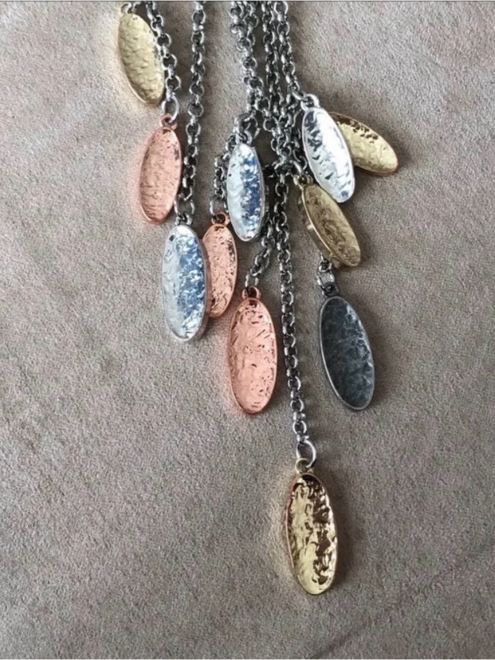 Long Multi Strand Silver Lariat Necklace Mixed Metal Disc Dangle Statement